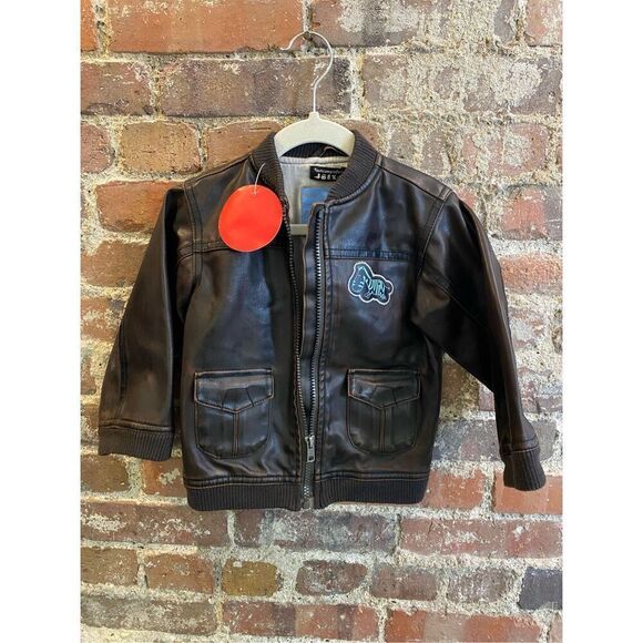 -Tout Compte Fait- bébé Dark Brown Faux Leather Baby Bomber Jacket with Zebra Em - Picture 1 of 7